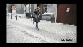 porn nude under fur and eather coat overknee boots julie skyhigh softcore tease toy outdoor no sex shoes high heels hd